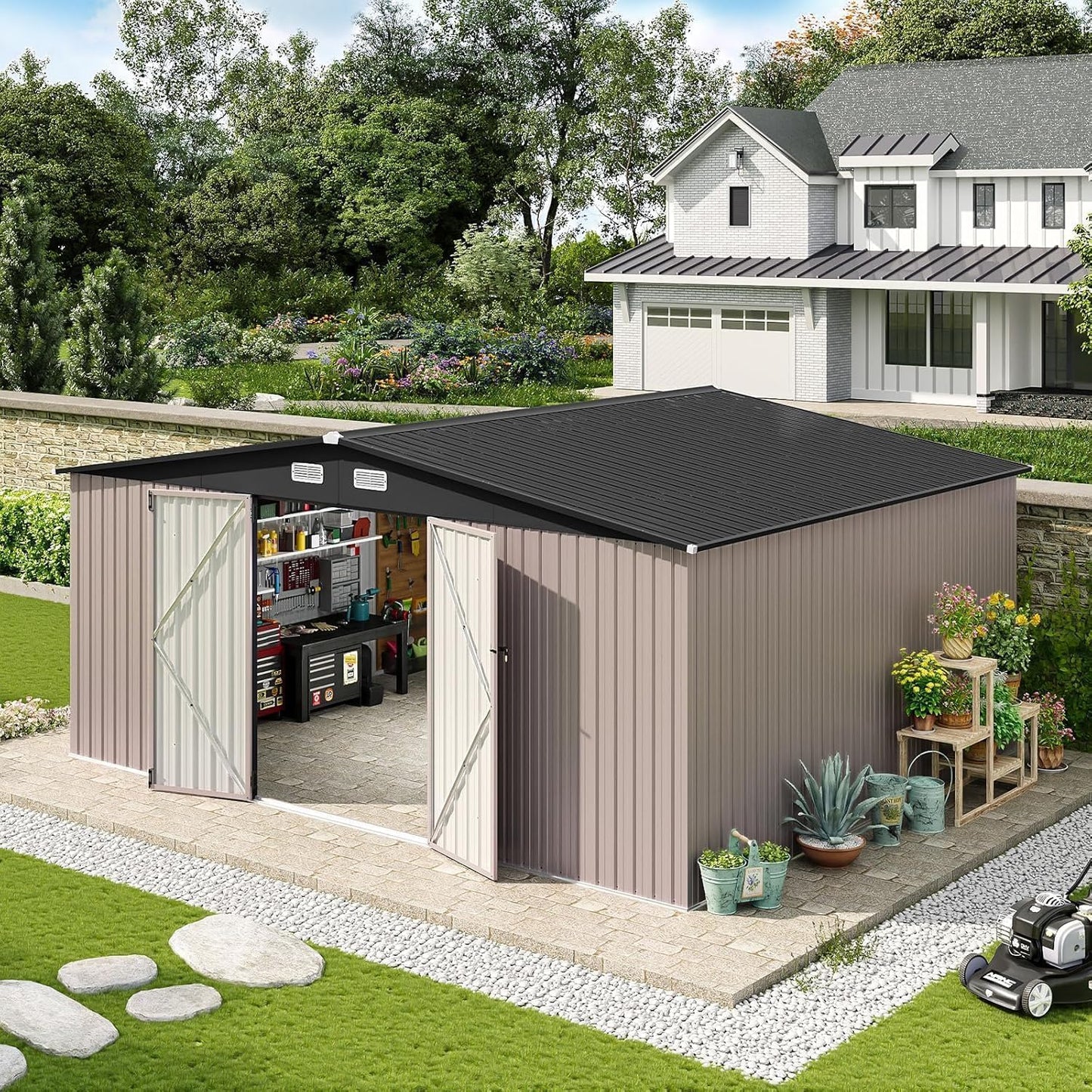 Aoxun 14x12 FT Large Outdoor Storage Shed, Galvanized Metal Shed with 2 Lockable Tall Doors & Sloped Roof, Heavy Duty Utility Tool Storage House for Patio, Garden, Backyard, Lawn (Brown)