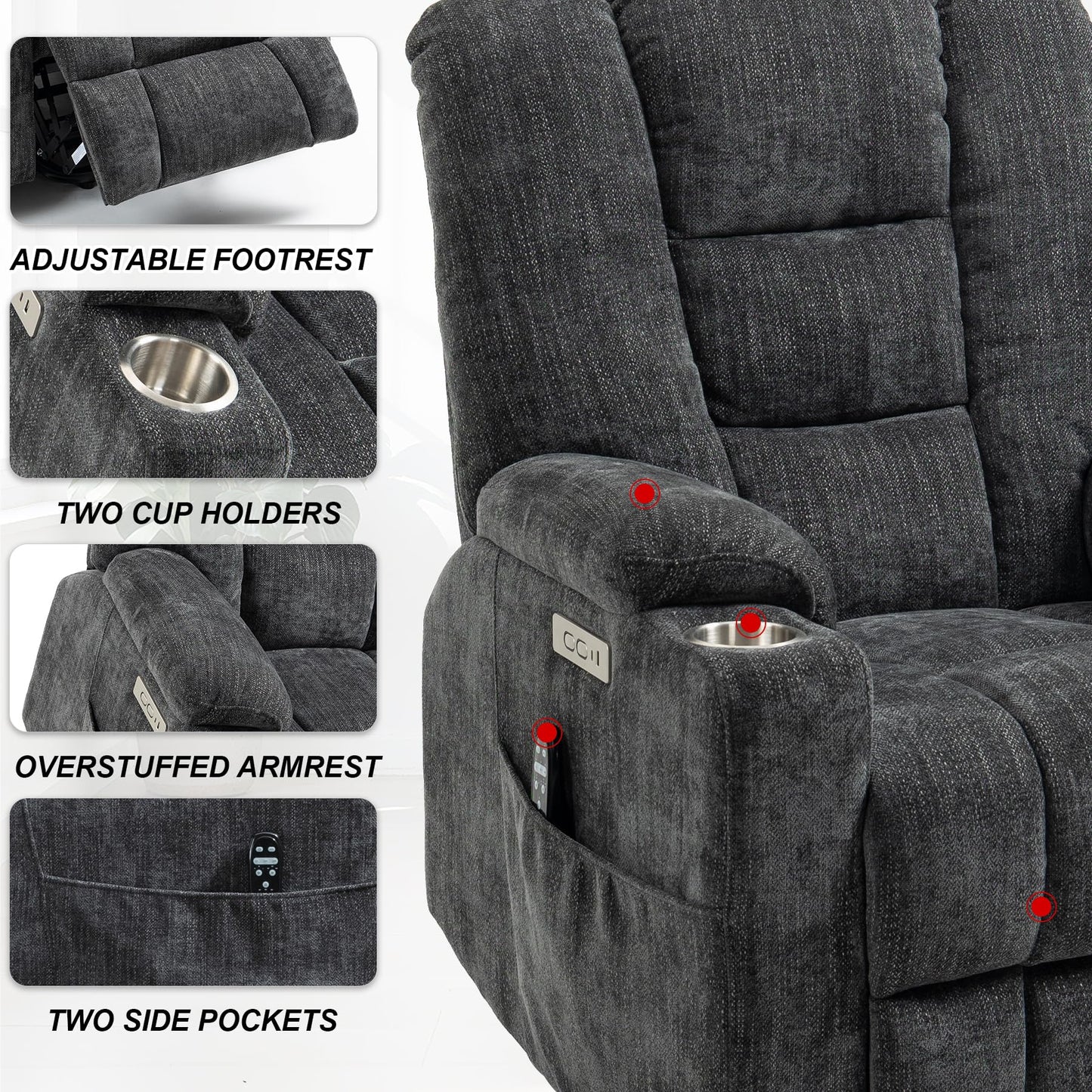 RHHVVR Power Lift Recliner Chair for Eldery, Chenille Electric Recliner Chairs with Massage and Heat, Remote Control Standing Assistance Lay Flat Recliner Sofa for Living Room Medium-Firm, Grey