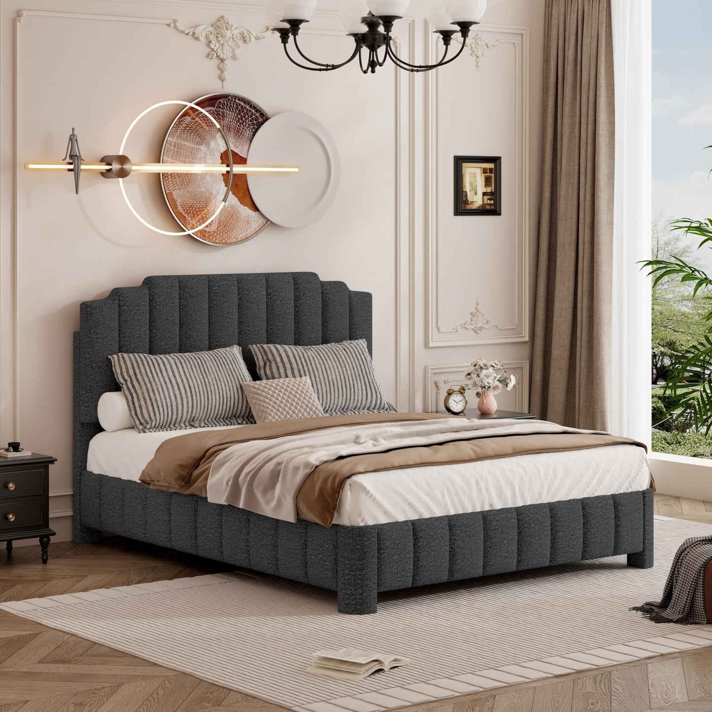 HDDDZSW Queen Bed Frame with Adjustable Headboard, Boucle Queen Size Bed Frame Upholstered Platform Bed Frame, Solid Wood Slats Support Grey Bed Frame for Bedroom, No Box Spring Needed