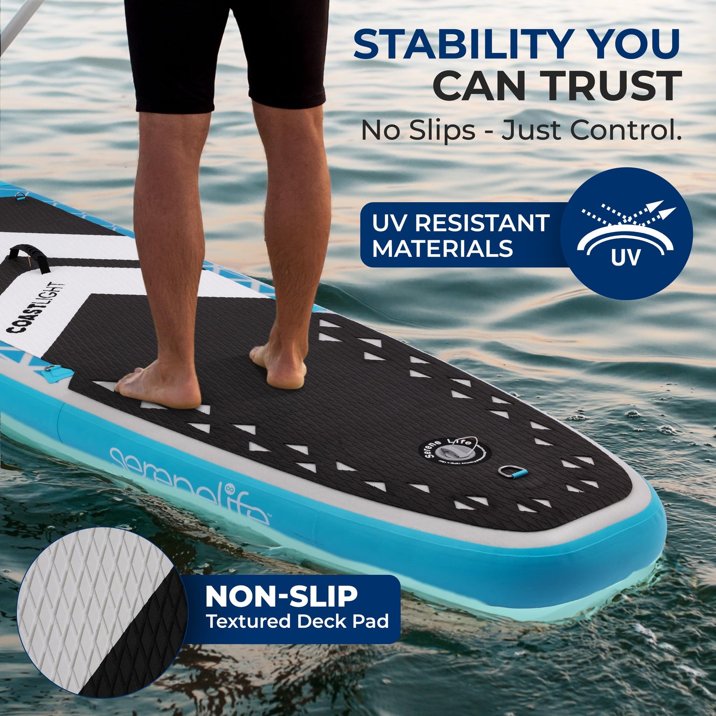 SereneLife 10’6” Inflatable Stand-Up Paddle Board with LED Lights - 32” Wide Stable Design with Double-Layer Sidewalls, Non-Slip Deck Pad, Premium SUP Accessories, for Youth and Adults