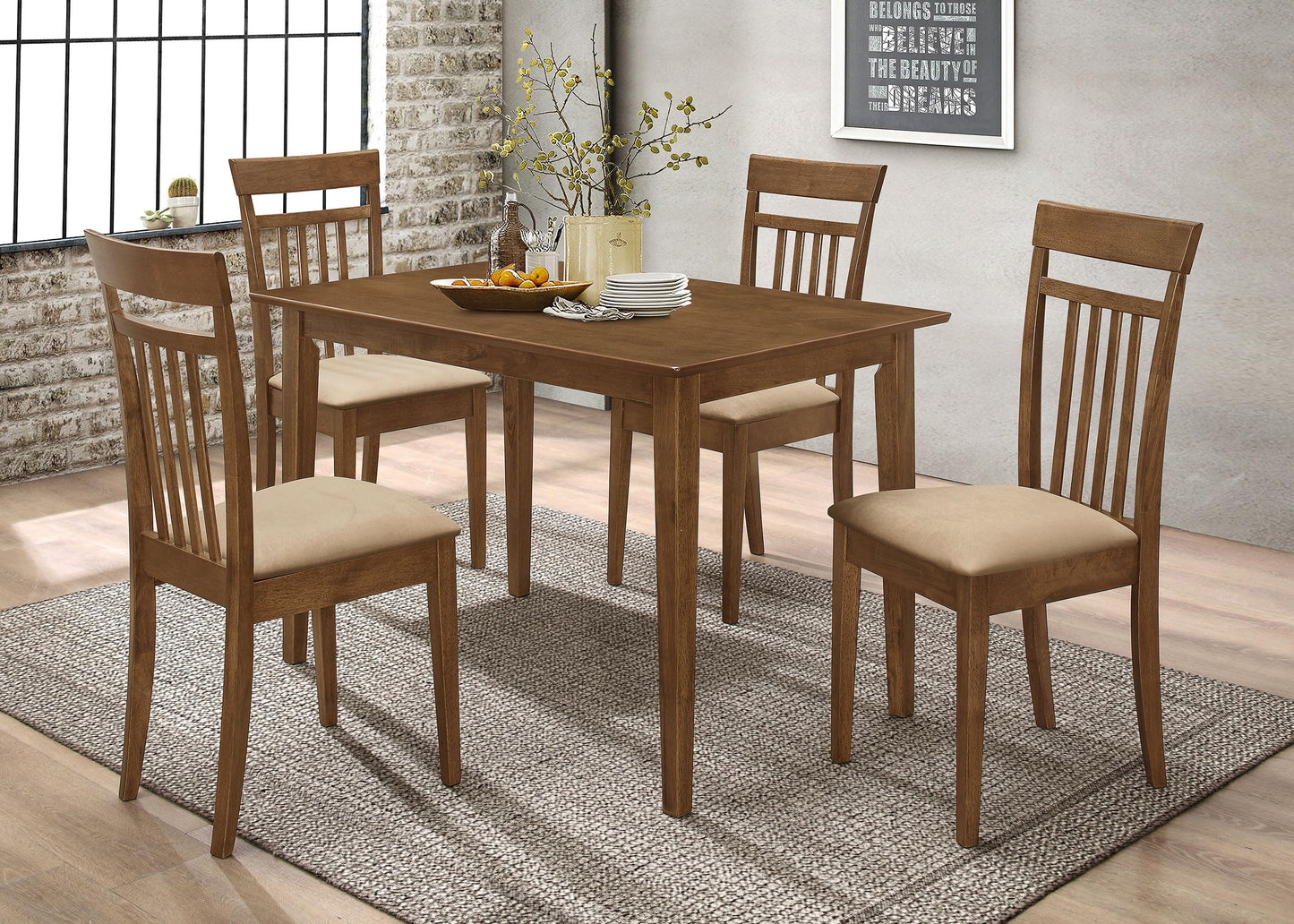 Coaster Home Furnishings - Robles - Wood - 5-Piece Rectangular Dining Table Set - Transitional Style with Vertical Slat Back Chairs and Fabric Cushioned Seat – Dining Room – Chestnut - 150430