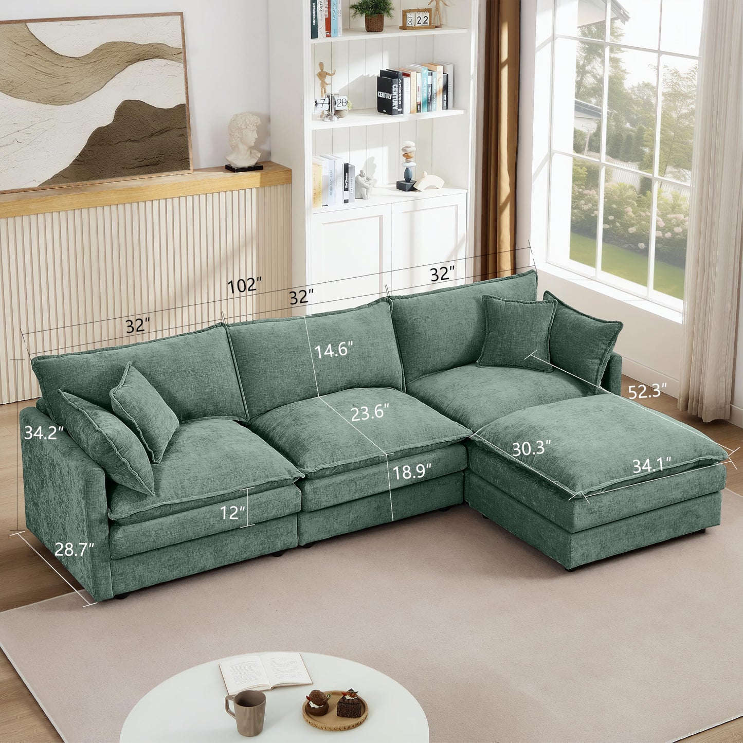 Eafurn Oversized Reversible Modular Sectional Sofa with Movable Ottoman, 4 Seater Convertible L Shaped Corner Couch Modern Chenille Sofa Set w/Double Layers Seat Cushions for Living Room Apartment