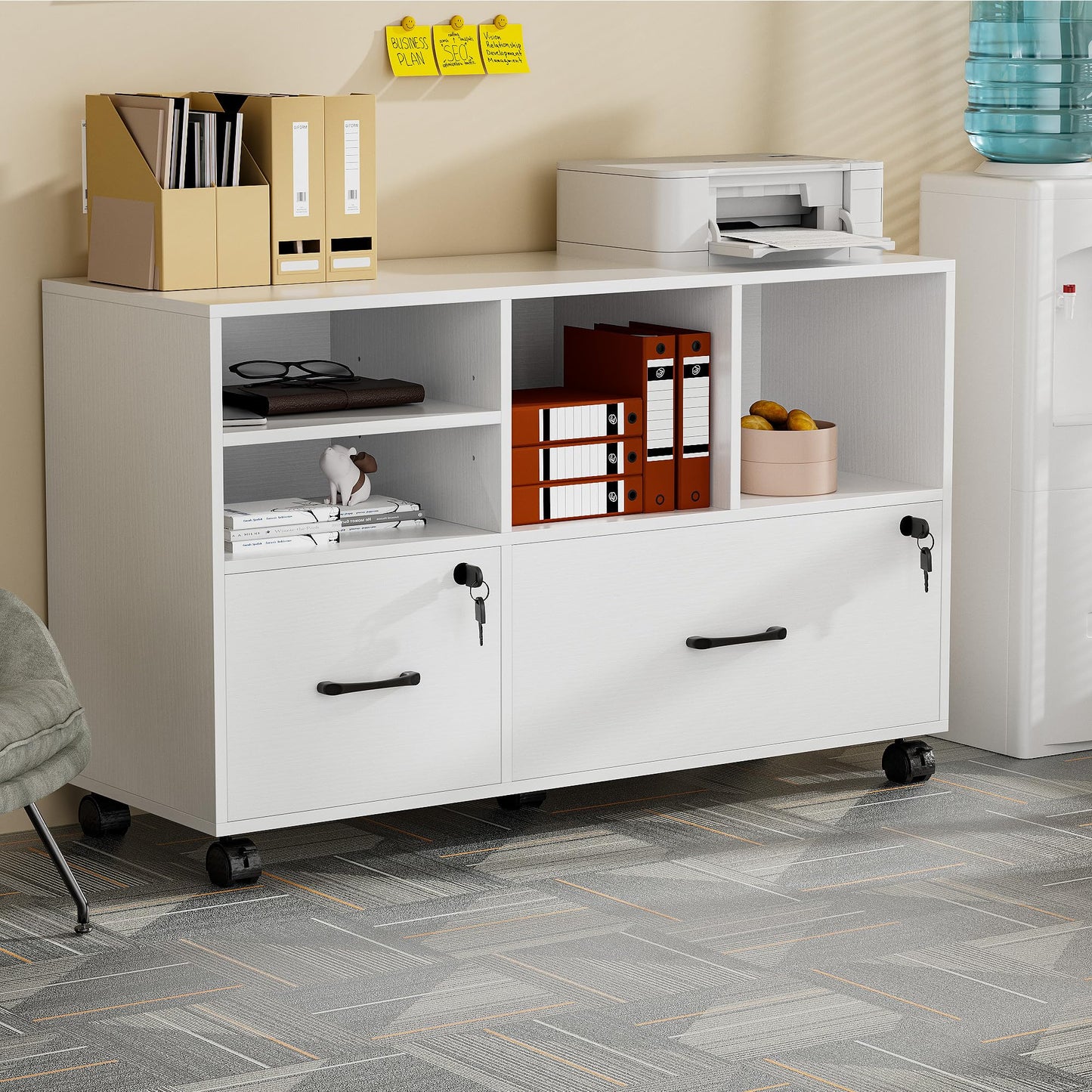 kepptory 2 Drawer Wood Mobile Large Lateral File Cabinet, Lockable Rolling Filing Cabinet with Storage Shelves, Printer Stand Office Storage Cabinet for Home Office Fits Files Legal/A4, White