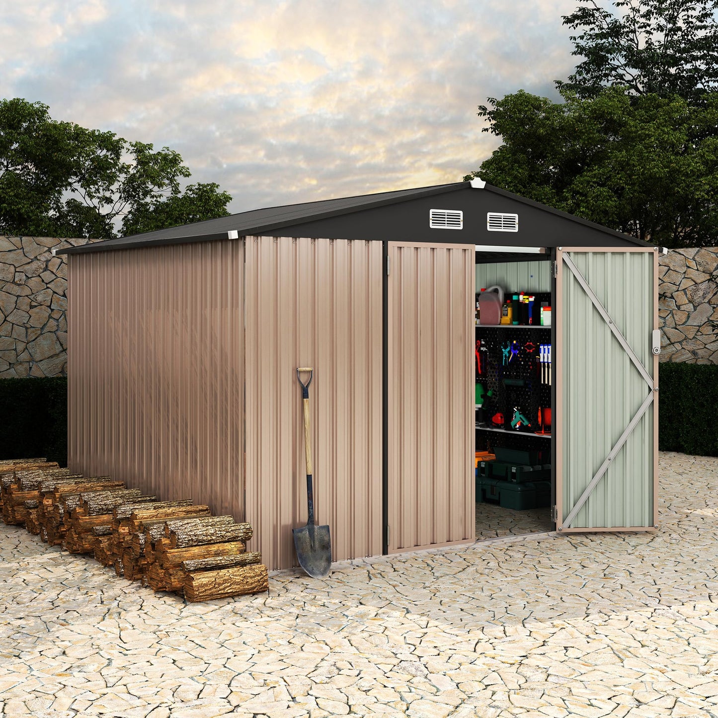 8X10 ft Outdoor Storage Shed, Galvanized Steel Metal Tool Shed with Secure Lockable Door & Air Ventilation System, Rust-Resistant Utility Shed for Garden, Backyard, Easy Assembly & All-Season Use