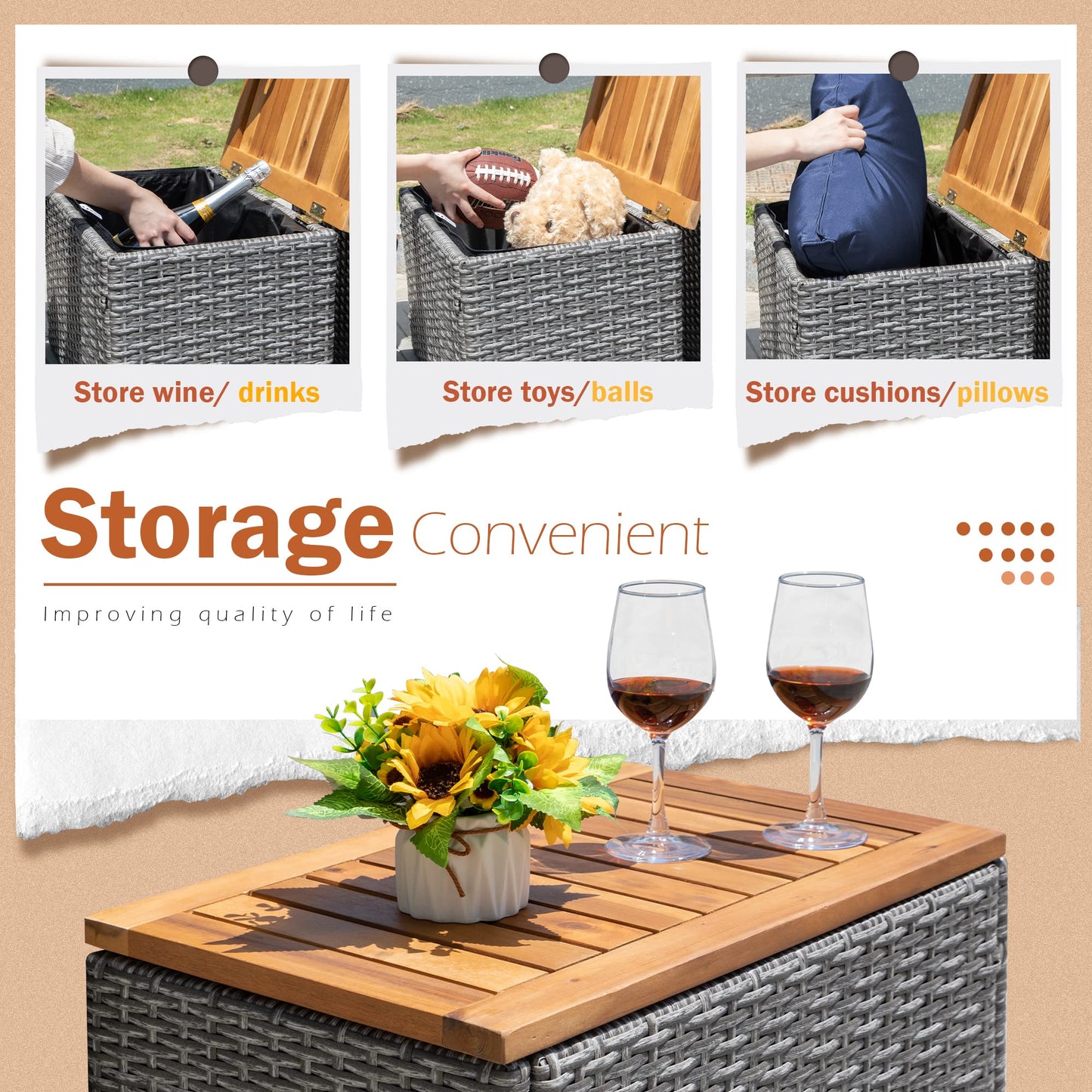 Greesum Patio Furniture Set Multifunctional Outdoor Sectional Sofa Rattan Chaise Lounge Wicker Daybed with Couch, Cushions, Storage Ottoman and 2 Side Tables for Backyard Porch Poolside Lawn,Blue