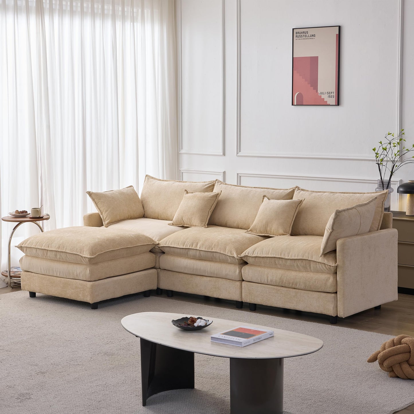 KEIKI 3 Seater Chenille Modular Sectional Couch Sofa with Ottoman, Double-Layer Seat Cushions & Back Cushions, Modern L-Shape Upholstered Cloud Soft Sofa Couches Chaise Lounge for Living Room