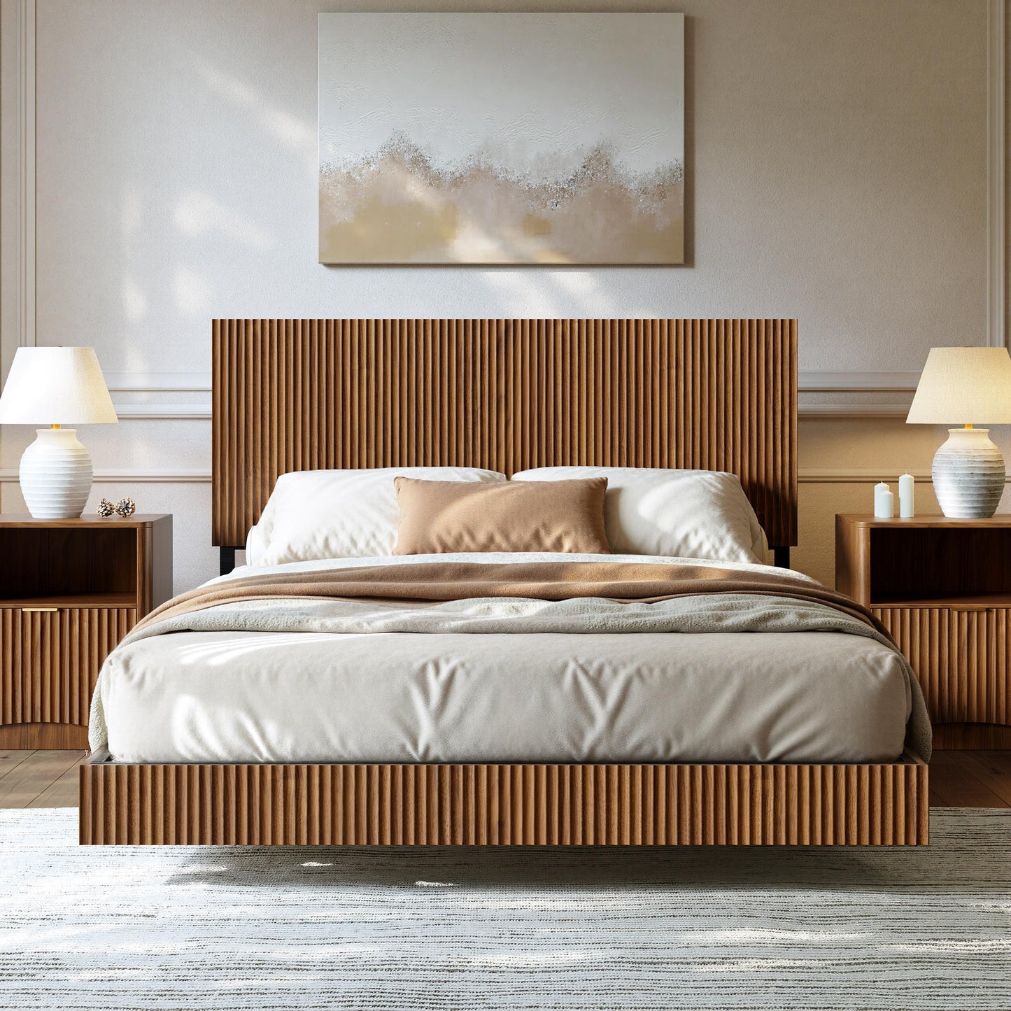 Evermagin Walnut Queen Floating Bed Frame with Headboard, Mid Century Modern Fluted Platform Bed with LED Lights, Heavy Duty Floating Bedframe with Charging Station, No Box Spring Needed