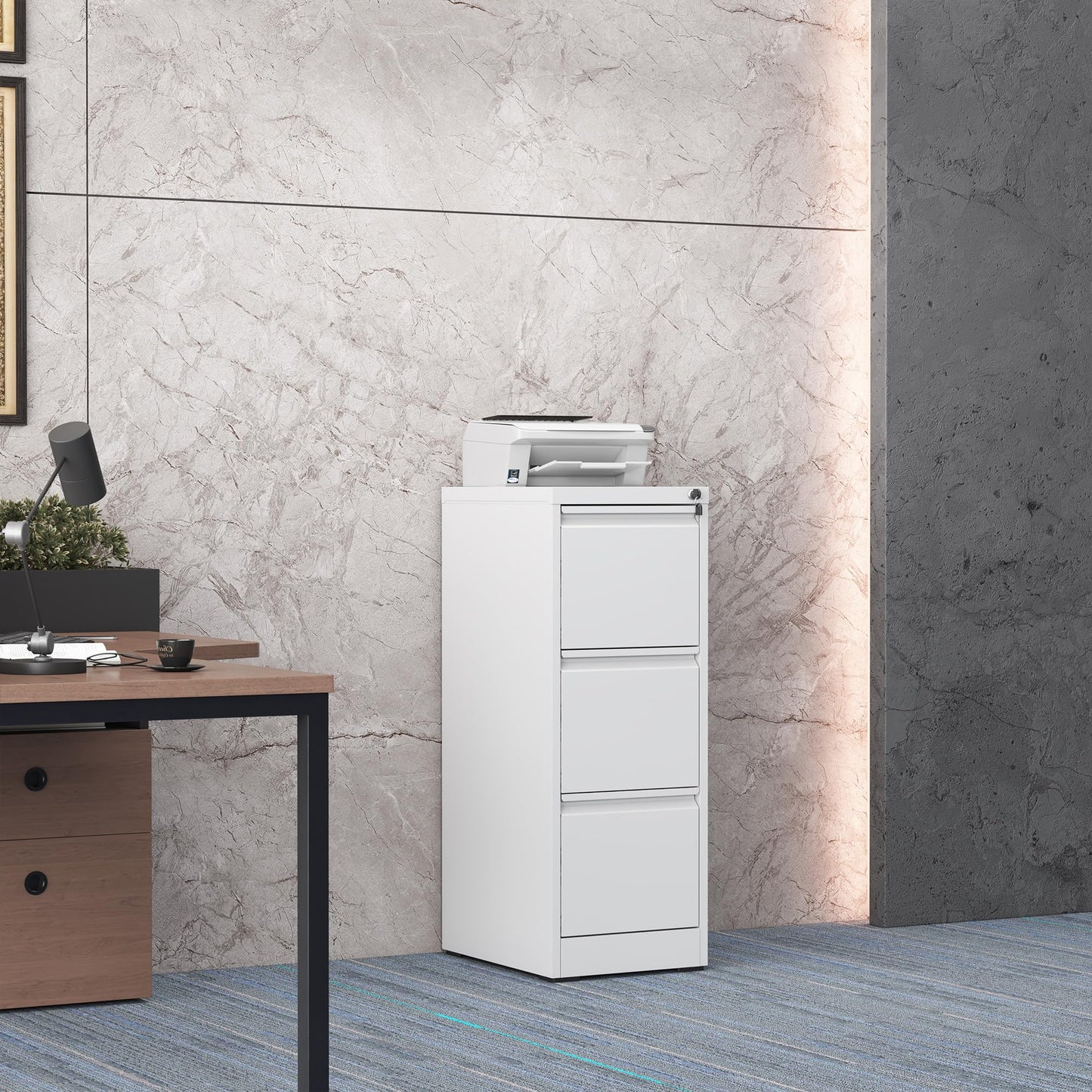 FOSTOKO 3 Drawer File Cabinet with Lock, White Steel Vertical Filing Storage Cabinet for Home Office, Heavy-Duty File Cabinets for Letters/Legal/A4, Require Assembly