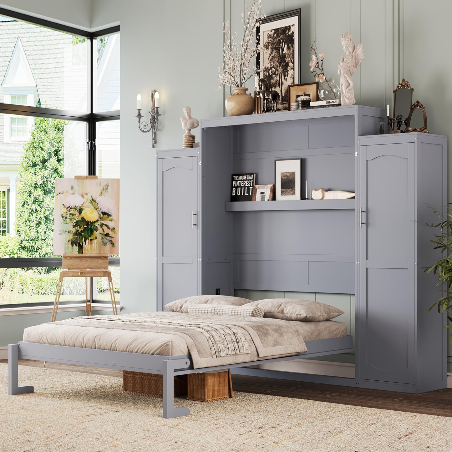 Merax Queen Size Wood Murphy Bed, with 2 Wardrobe and Storage Shelf, Multifunctional Foldable Wall Platform Bedframe for Guest-Room, Bedroom, Gray