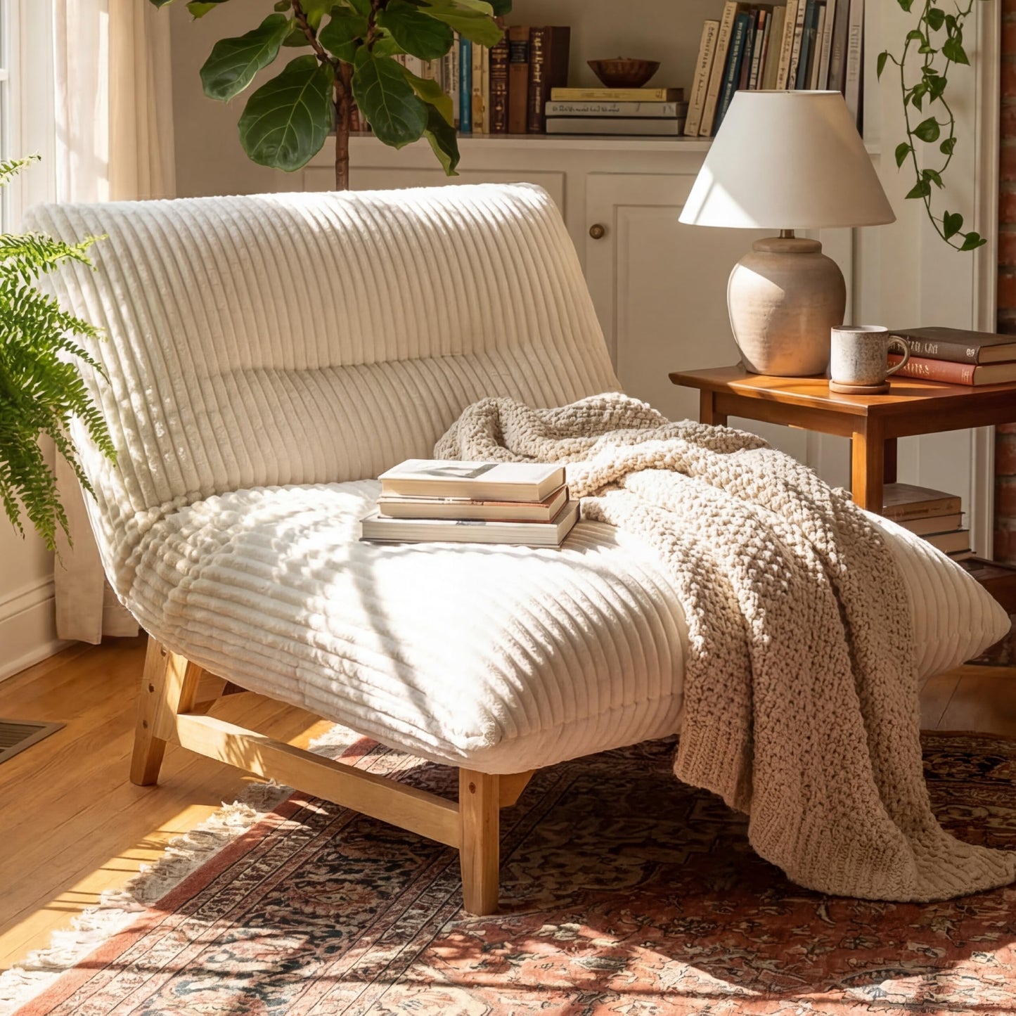 KEIKI Large Bean Bag Chair, Adults Kids Comfy Corduroy Small Couch with Wood Frame, Big Accent Beanbag Lounge Chairs Indoor, Lazy Cozy Floor Sofa Couches for Living Room Reading, Easy Assembly, Beige