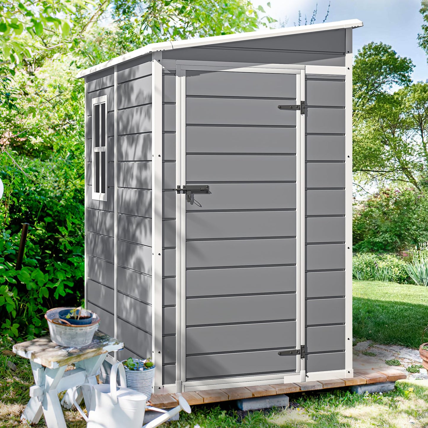 DWVO 5x4 FT Outdoor Storage Shed with Reinforced Floor, All-Weather Resin Storage Shed with Lockable Door & Window, Waterproof Plastic Tool Storage for Garden, Backyard, Patio, Lawn