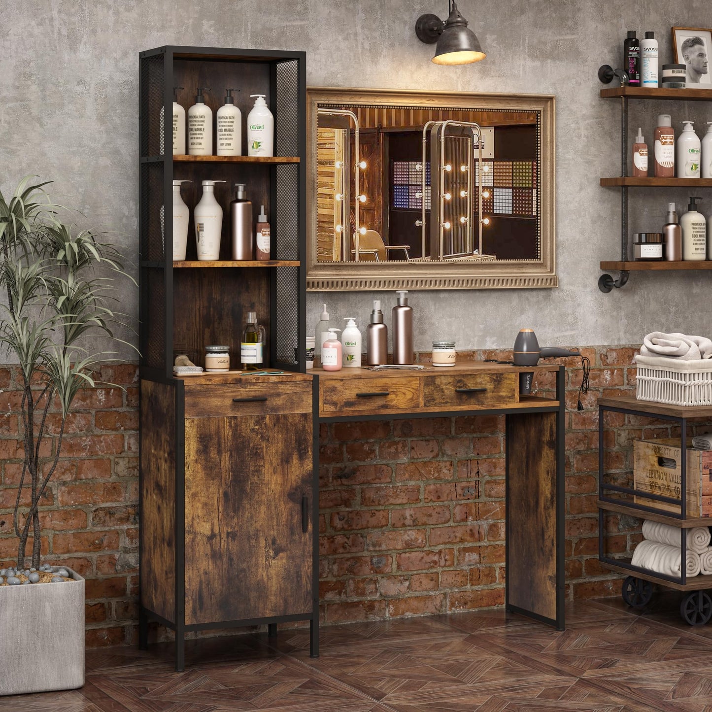 RESHABLE Industrial Wall Mount Salon Barber Station, Hair Styling Station with 3 Drawers, Storage Cabinet, Shelves, Hair Dryer Holes, Beauty Spa Equipment, Rustic Brown
