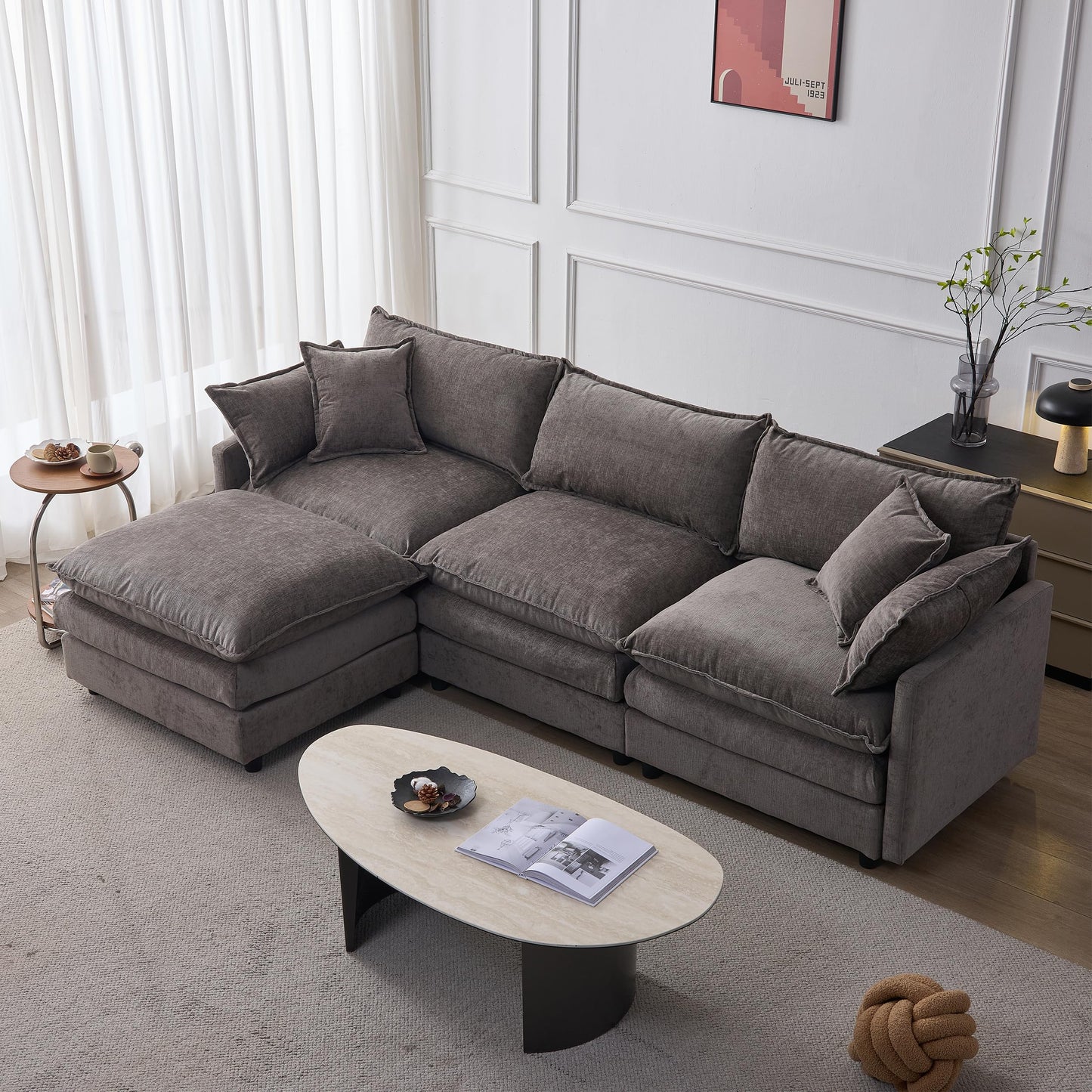 KEIKI 3 Seater Chenille Modular Sectional Couch Sofa with Ottoman, Double-Layer Seat Cushions & Back Cushions, Modern L-Shape Upholstered Cloud Soft Sofa Couches Chaise Lounge for Living Room