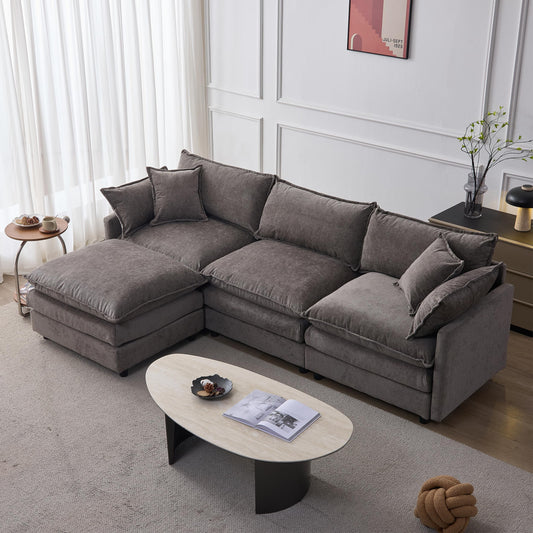 KEIKI 3 Seater Chenille Modular Sectional Couch Sofa with Ottoman, Double-Layer Seat Cushions & Back Cushions, Modern L-Shape Upholstered Cloud Soft Sofa Couches Chaise Lounge for Living Room