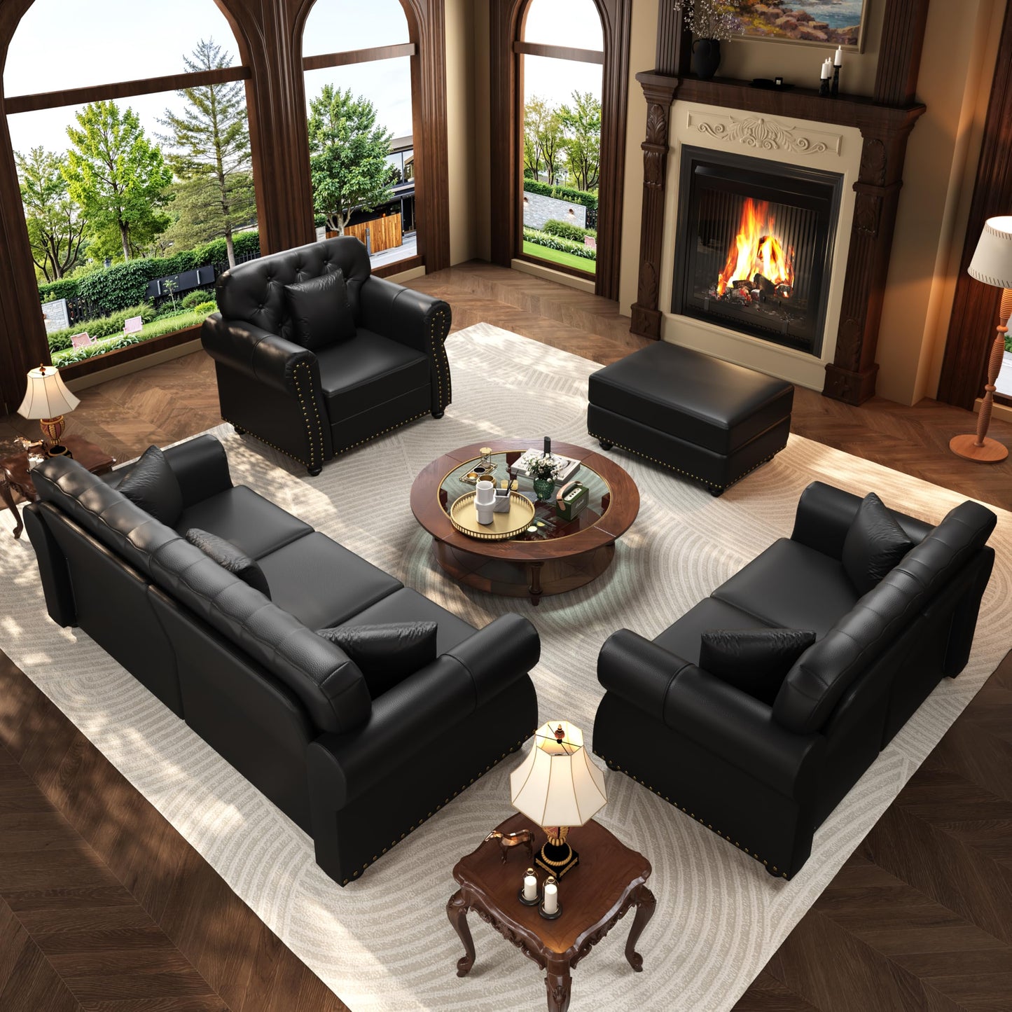 KEIKI 3-Piece Chesterfield Sofa Set with 1 Faux Leather 3-Seater Sofa & 1 Loveseat & 1 Single Sofa, 6-Seater Couch Set with Nailhead Trim & Rolled Arms & 1 Ottoman & 6 Pillow, for Living Room, Black