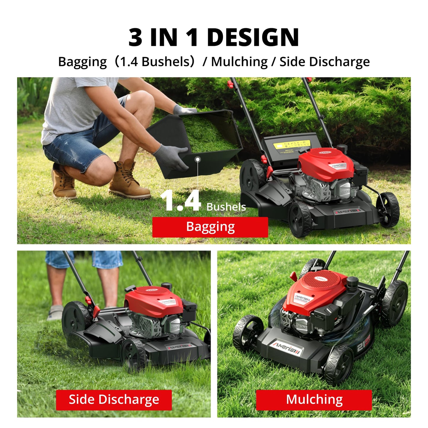 AMERISUN Gas Lawn Mower, 170cc OHV Engine with Forced Air Cooling, 21" Steel Deck, 3-in-1 Mulching/Bagging/Side Discharge, 6 Cutting Heights, 1.4-Bushel Grass Catcher, Self-Propelled