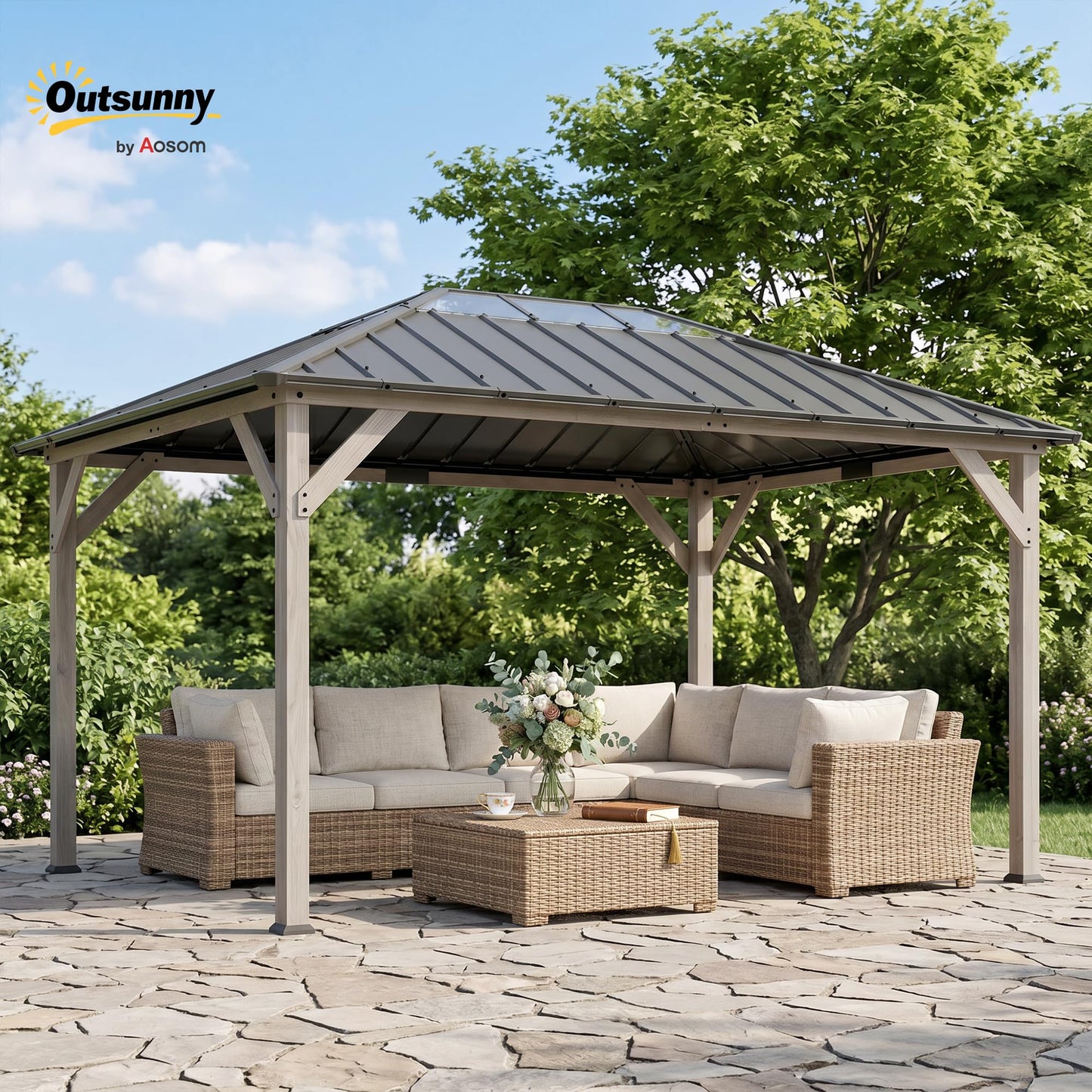 Outsunny 12' x 16' Hardtop Gazebo with Galvanized Steel Roof, Wood Permanent Pavilion Canopy Shelter with Clear Roof Top, UPF50+ Protection, Ceiling Hooks for Lawn, Backyard, Deck, Light Walnut