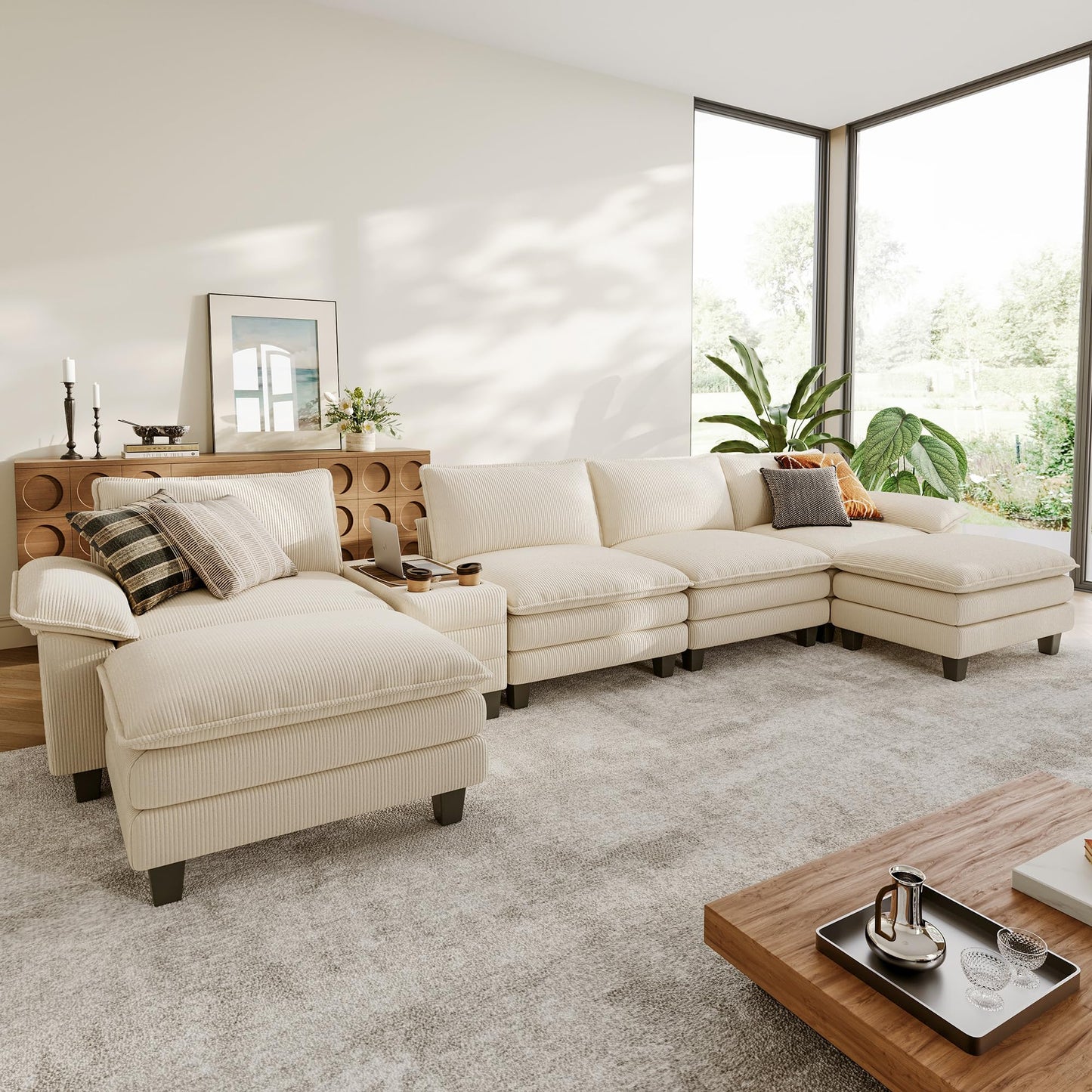 LINSY HOME Modular Sectional Sofa for Living Room, Corduroy Cloud Couch with Storage Console, USB Charging, Cup Holders, Comfy Modern Modular Cloud Couches with Movable Ottoman (Beige)