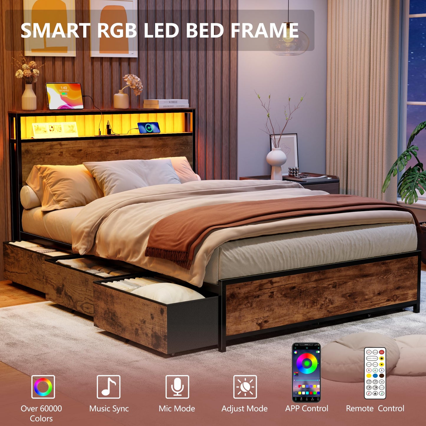 Forestell Full Size Bed Frame with Storage Headboard & 6 Drawers,Sturdy Platform Bed Frame Full with Charging Station,LED Lights,2-Tier Wood Shelf Industrial Bedframe-Noise Free/No Box Spring Needed