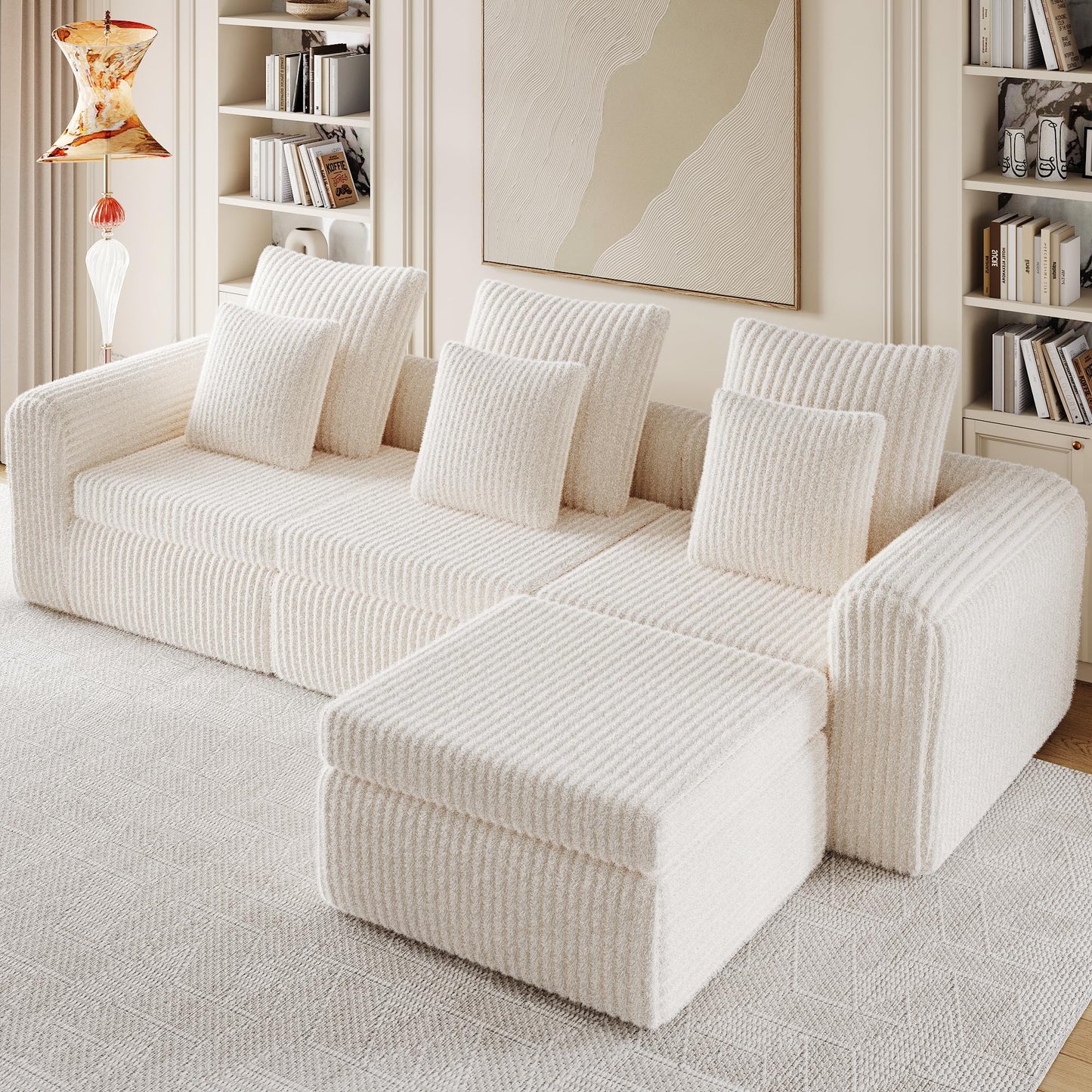 Feonase Modular Sectional Sofa, Cloud Sectional Couch with Deep Seat, 106.3'Modern Modular L Shape Sofa Couch with Chaise, Upholstered Boneless Couches for Living Room Bedroom, Beige