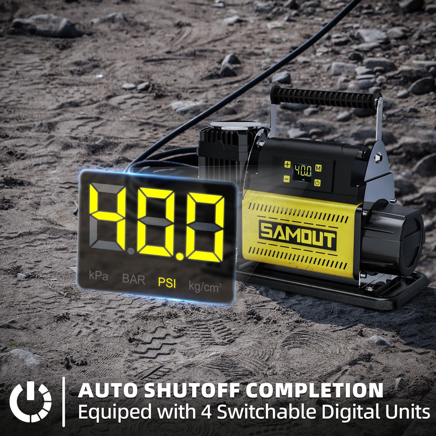 SAMOUT 12V Digital Air Compressor, Offroad Portable Inflator 7.06 CFM, Air Pump Max 150PSI for Heavy-Duty Tires, with LCD Control Panel to Preset Target Pressure, 4x4 Vehicle, SUV, RV