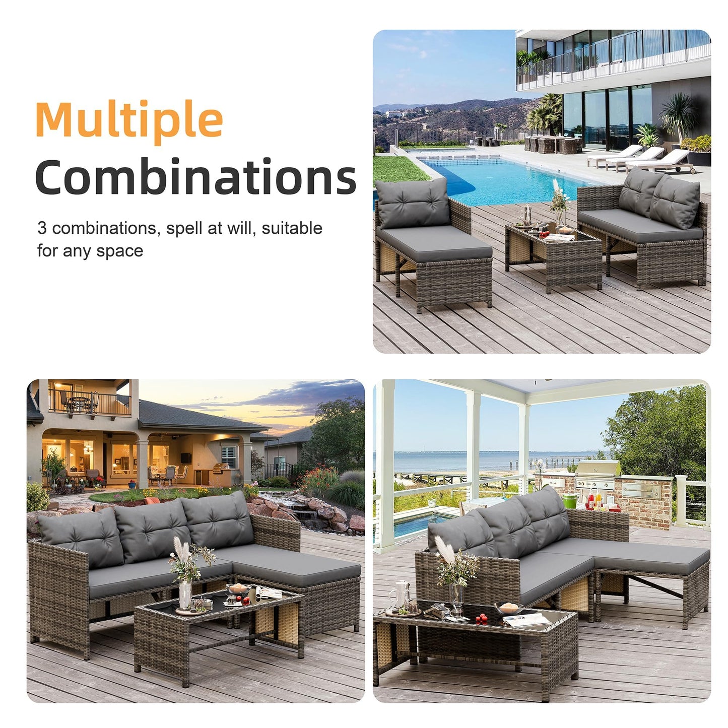 Shintenchi 3 Pieces Outdoor Patio Furniture Sets, Wicker Patio Conversation Sets, All Weather Wicker Rattan Patio Seating Sofas with Glass Coffee Table and Cushion, Gray