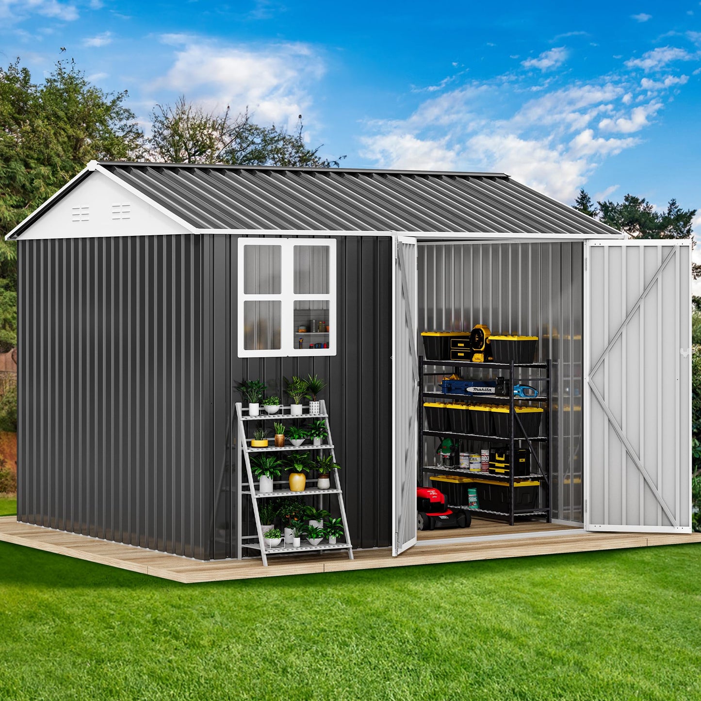 DWVO 10' x 8' Outdoor Storage Shed, Waterproof Metal Garden Shed with Windows, Lockable Doors, and Sloped Roof for Patio, Backyard, Lawn, Tool Storage, Bike Shed, Pet Shelter (Gray + White)