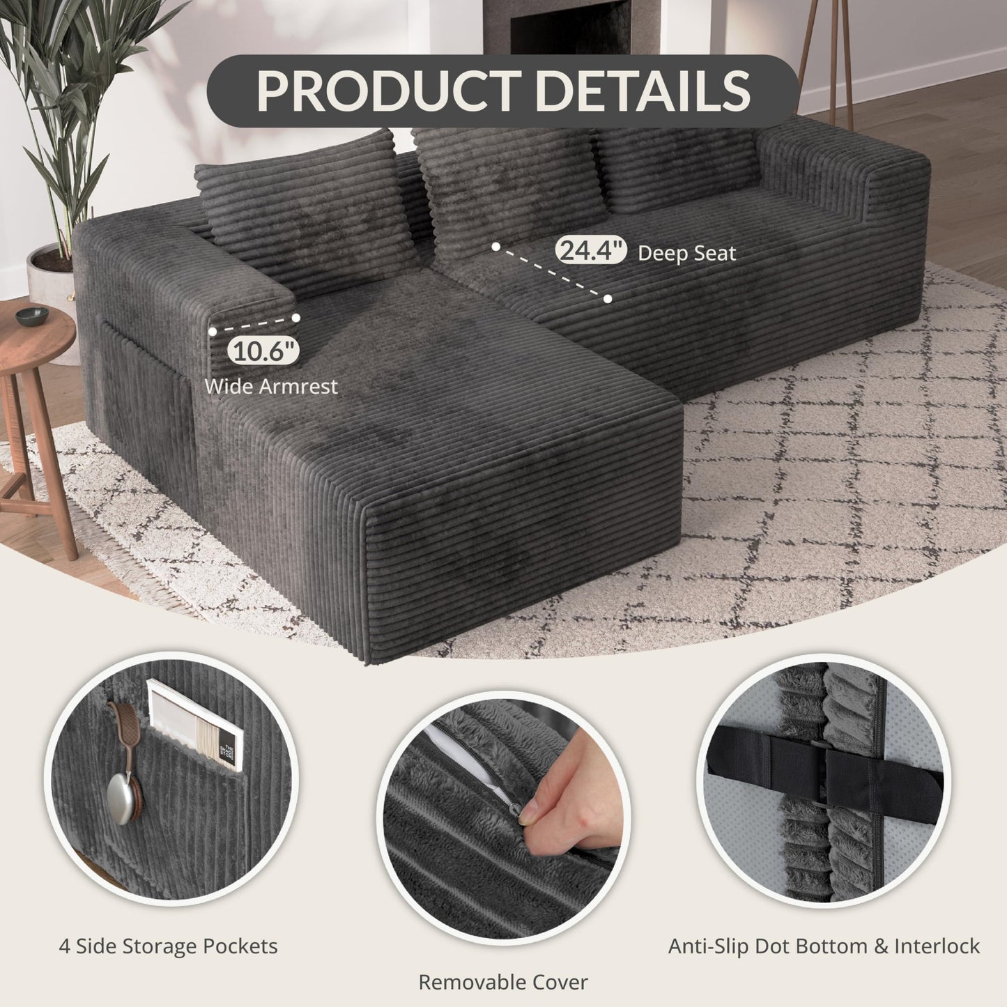 Attalee Modular Sectional Sofa for Living Room, L Shaped Compressed Corduroy Sectional Boneless Couches with Deep Seat and 4 Storage Pockets, Easy Assembly, Dark Grey