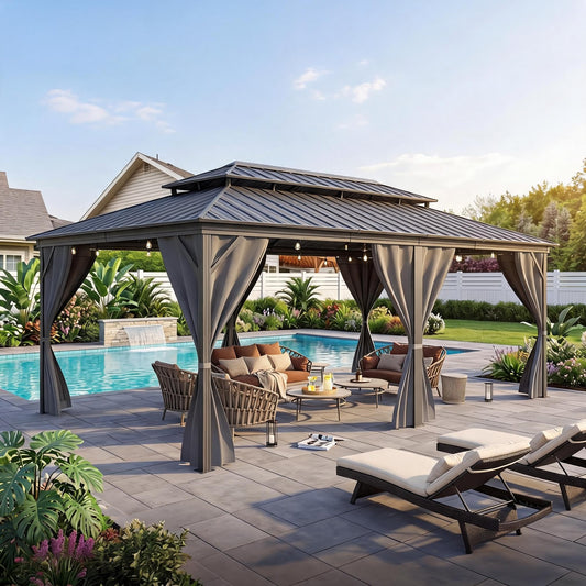 12' x 20' Heavy Duty Hardtop Gazebo, Gray Galvanized Steel Double Roof Canopy with Netting & Curtains – Ideal for Patio, Backyard, Deck & Lawn Gatherings
