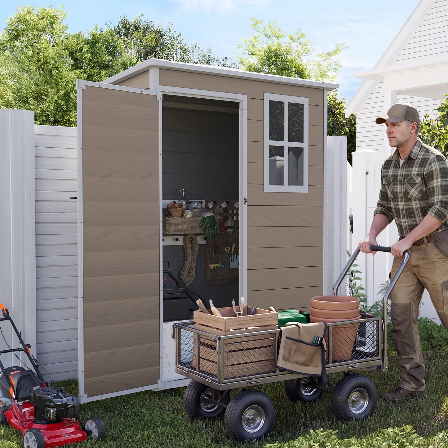 UDPATIO Outdoor Storage Shed 5x3 FT, Garden Resin Shed for Bike, Garbage Can, Tools, Outside Plastic Sheds with Floor for Backyard, Patio, Lawn, Brown