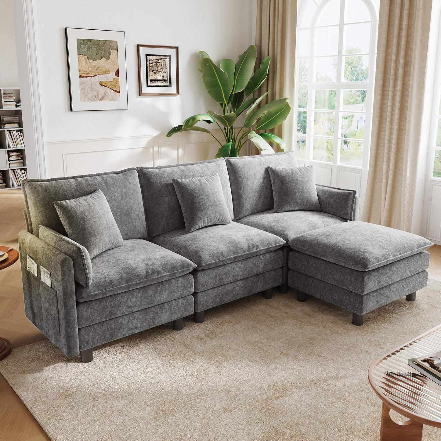 LINSY HOME 98'' Modular Sectional Sofa 3 Seat Couch Chenille Cloud Couch with Deep Seat, L Shaped Couch with 1 Movable Ottoman for Living Room, Office, Bedroom, Grey(Pillows Included)