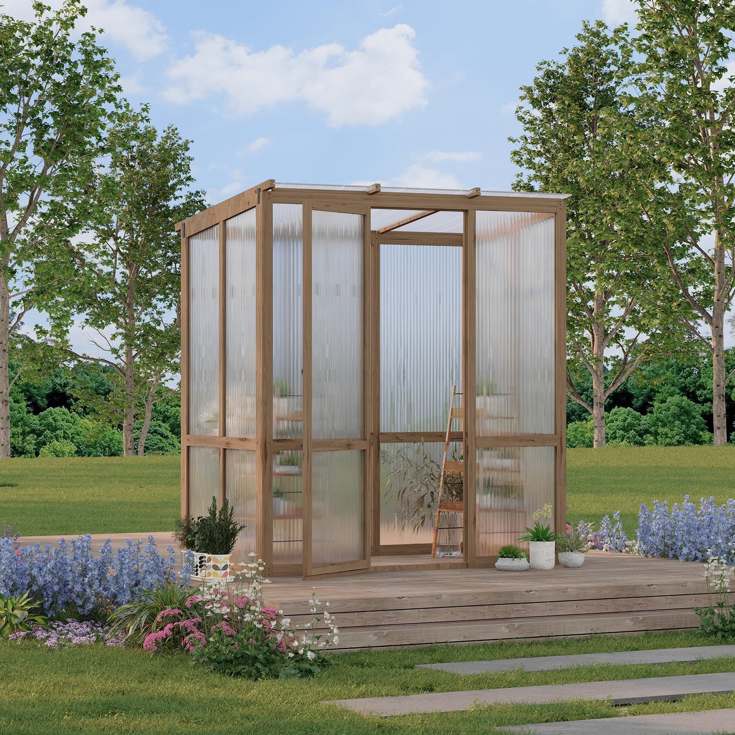 GarveeLife 4x6FT Wooden Greenhouses for Outdoors, Wooden Walk-in Green House with Cedar Frame, Greenhouse Kit with 6MM Thick Polycarbonate Panel