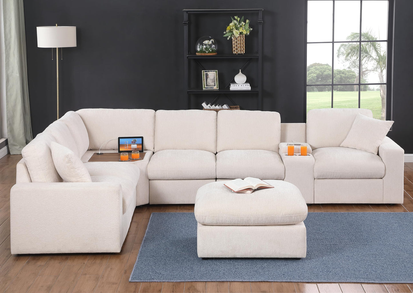 Ball & Cast 127" Oversized Modular Sectional Sofa L-Shaped,Large Chenille Upholstered Couch 7 Seat with Ottoman,Cup Holders & USB Ports,Comfty Sectionals W/Pillows & Storage Box,for Living Room,Beige