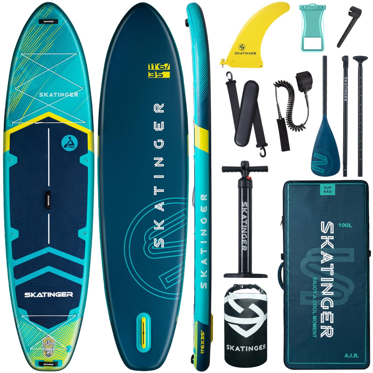 Skatinger 11'6×35" Super Wide Inflatable Paddle Board, Ultra Stable Stand Up Paddleboards for 450lb/3 People/Family/Big Size w/Shoulder Strap, 100L Backpack, Ultra-Light All-Round Sup Board, Blue