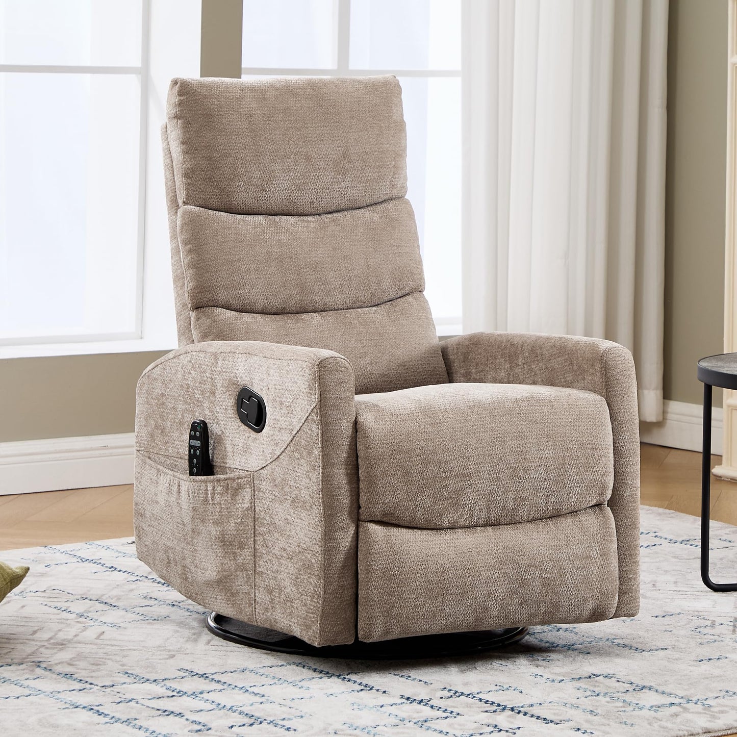 KEIKI 4-in-1 Manual Swivel Rocker Recliner Chair for Home Living Room, Chenille Chair with Back Massager & Heat, Home Theater Seating with Lumbar Support, Comfy Bedroom Chairs for Elderly, Khaki