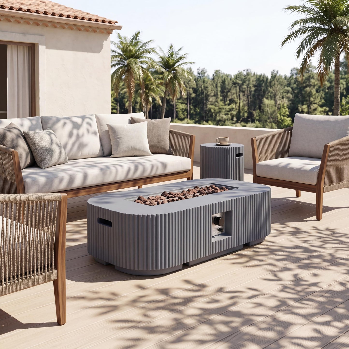 Christopher Knight Home 48.2 Inch Outdoor Rectangular Fire Pit Set with Tank Cover Side Table, MgO Concrete Propane Fire Pit 50000 BTU, Gray Modern Patio Heating Table Set