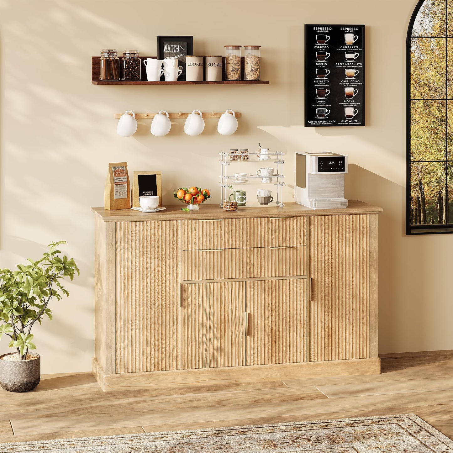 IDEALHOUSE Modern Farmhouse 58 Inch Sideboard Buffet Cabinet with Gold Handles, 4 Doors, 2 Drawers, Adjustable Shelf - Fluted Design Coffee Bar, Dining and Living Room Storage Cabinet Console Table
