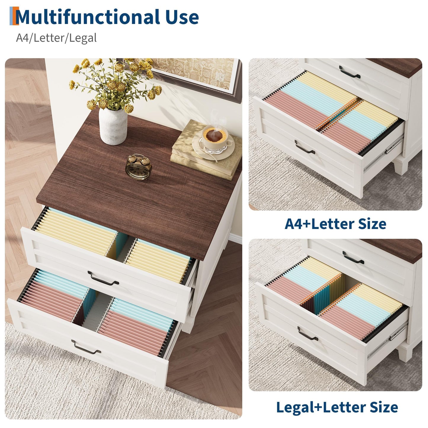 IDEALHOUSE Farmhouse Lateral File Cabinet with 2 Full Extened Drawers, Filing Storage Cabinet for Legal, Letter & A4 Files, Office Organizer w/Thick Desktop, for Home Office, Rustic Brown White