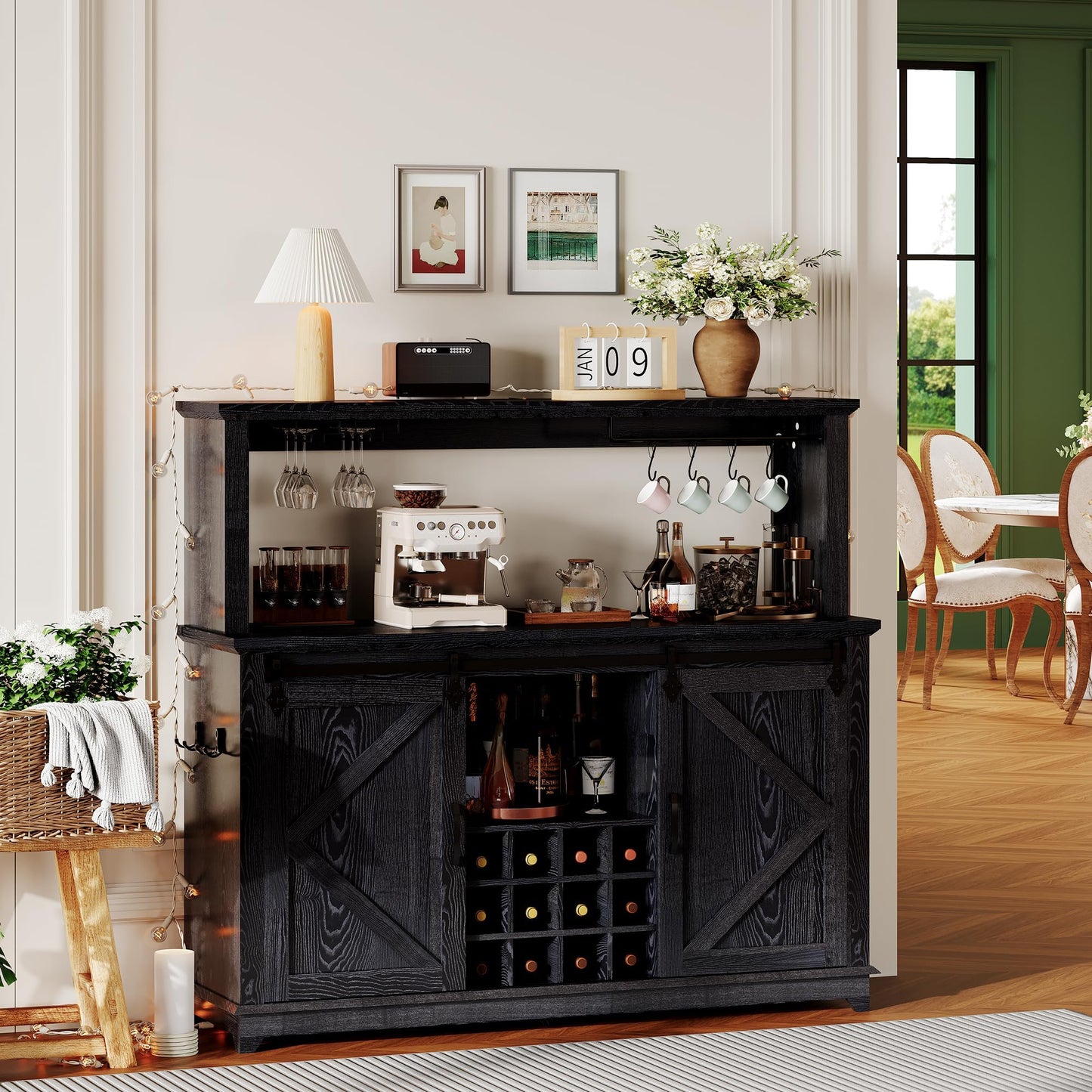 Farmhouse Coffee Bar Cabinet with Power Outlet & LED Lights,55" Sliding Barn Door Buffet with Removable Wine Rack & 2-Tier Drawers, Multi-Functional Storage Cabinet for Kitchen, Dining or Living Room