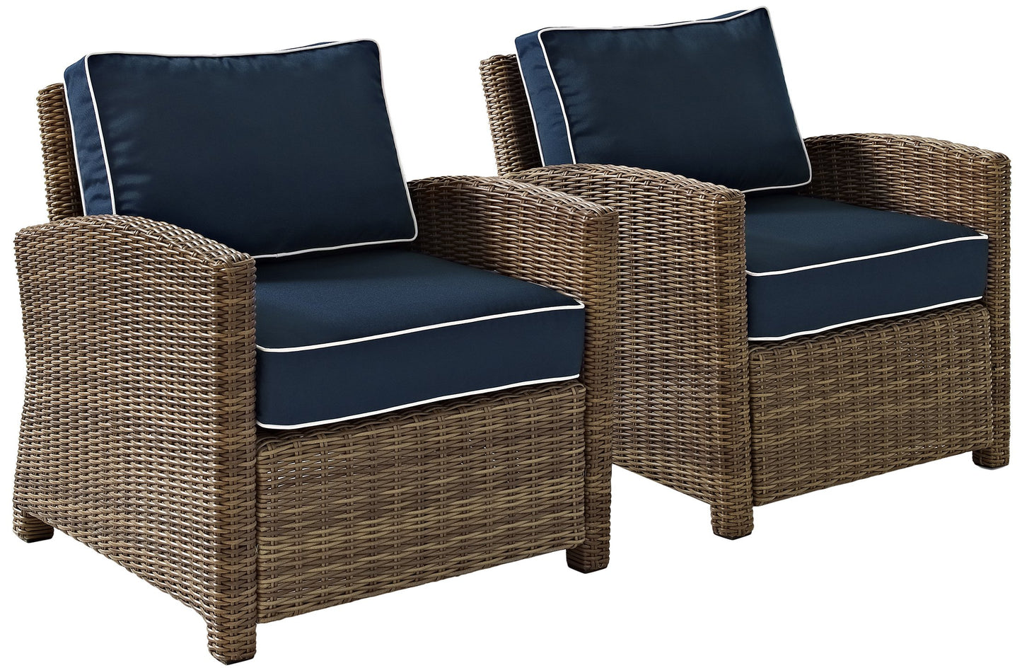 Crosley Furniture Bradenton 2-Piece Outdoor Chair Set, Wicker Patio Chairs for Conversation, Porch, Deck, Brown with Navy Cushions