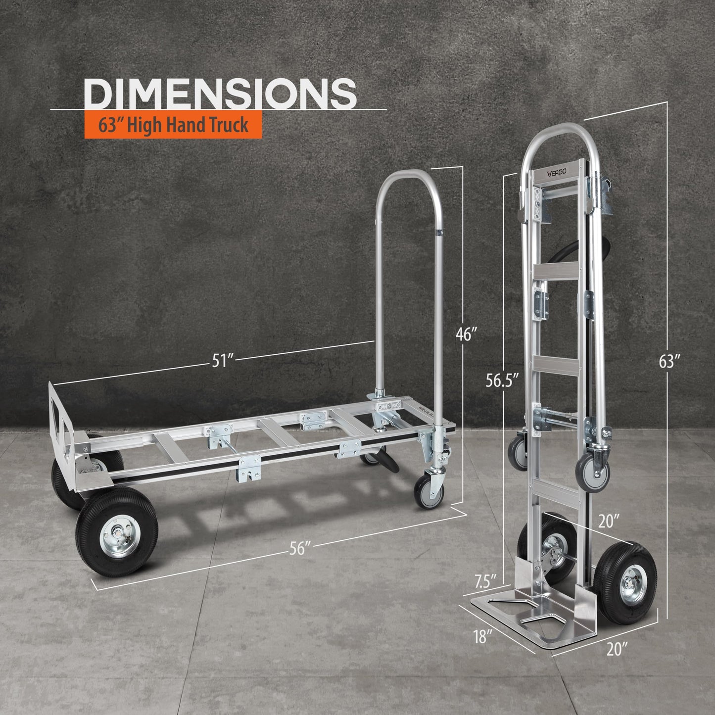 Vergo Industrial Convertible Hand Truck - AS7B Heavy Duty Aluminum 2 in 1 Dolly (800 lb Capacity) Lightweight Reinforced Frame, Ergonomic Handle, Superior Mobility Moving Dolly (2 Positions, 63" High)