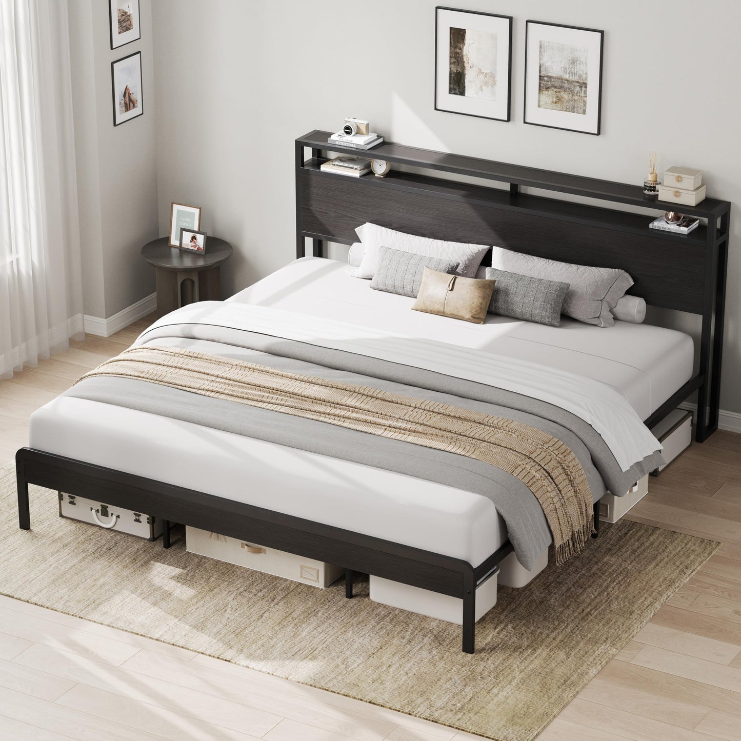 LIKIMIO California King Bed Frame with Headboard, Dark Wood Camas California King with Strong Supports, Sturdy, Noise-Free, No Box Spring Needed, Classic Black