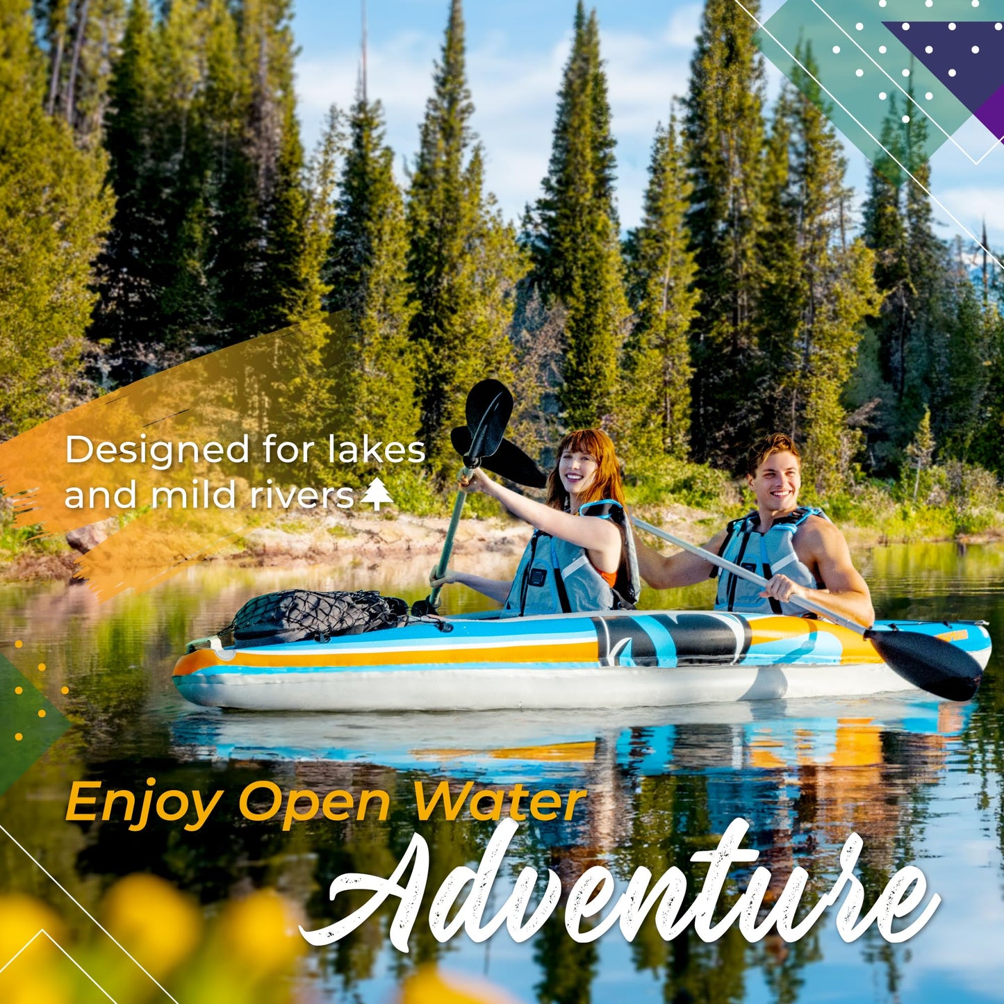 Sunlite Sports Inflatable Kayak 2 Person, Portable Inflatable Boat with Aluminum Oars, Lightweight Easy Setup Tandem Kayak with High Output Air Pump & Carry Bag for Lakes & Rivers, 400 LB