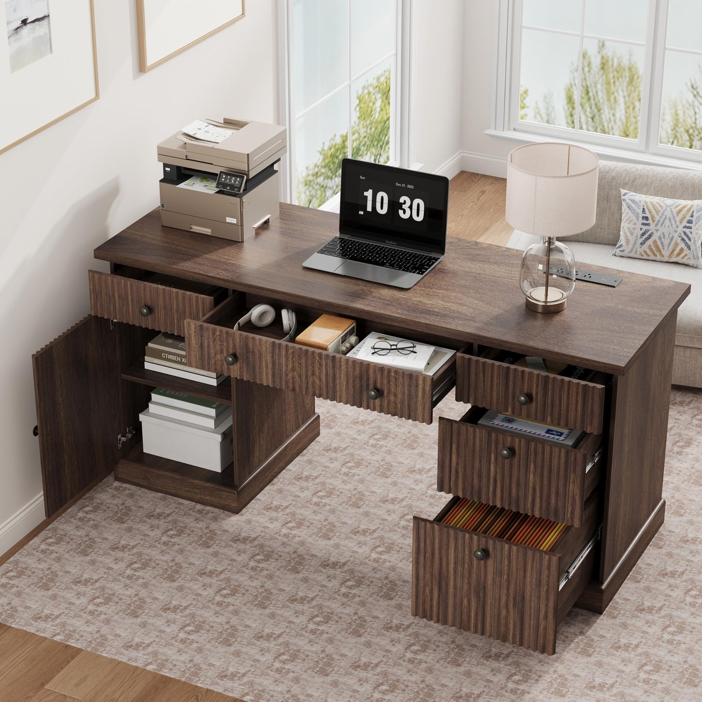 Garvee 60" Office Desk with Storage & Drawers. Fluted Wood Computer Desk with Power Outlet & Adjustable Shelves.Modern Executive Desk for Home Office/Bedroom/Gaming-Brown