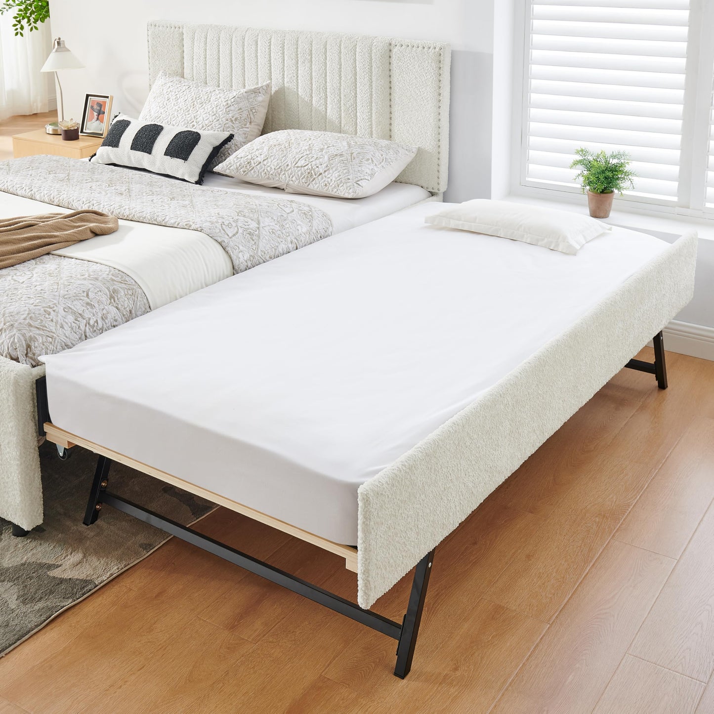 KEIKI Queen Size Upholstery Platform Bed Frame with Pull-Out Trundle & 2 Drawers, Extendable Chenille Bed with Vertical Channel Tufted Headboard & Nailhead Trim, Easy Assembly, for Bedroom, Beige