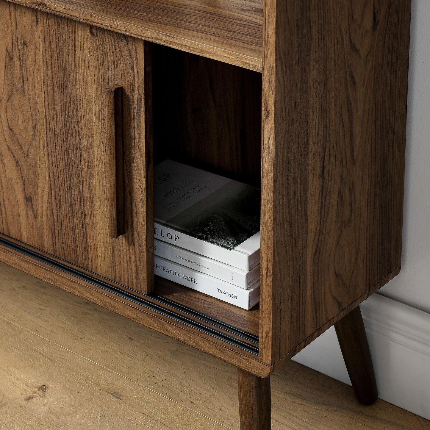 Modway Transmit 8 Shelf Bookcase with Sliding Doors in Walnut - 45 Inch Wood Mid-Century Modern Bookshelf - 4 Tier Tall Open Display Storage Cabinet for Living Room, Office, Hallway