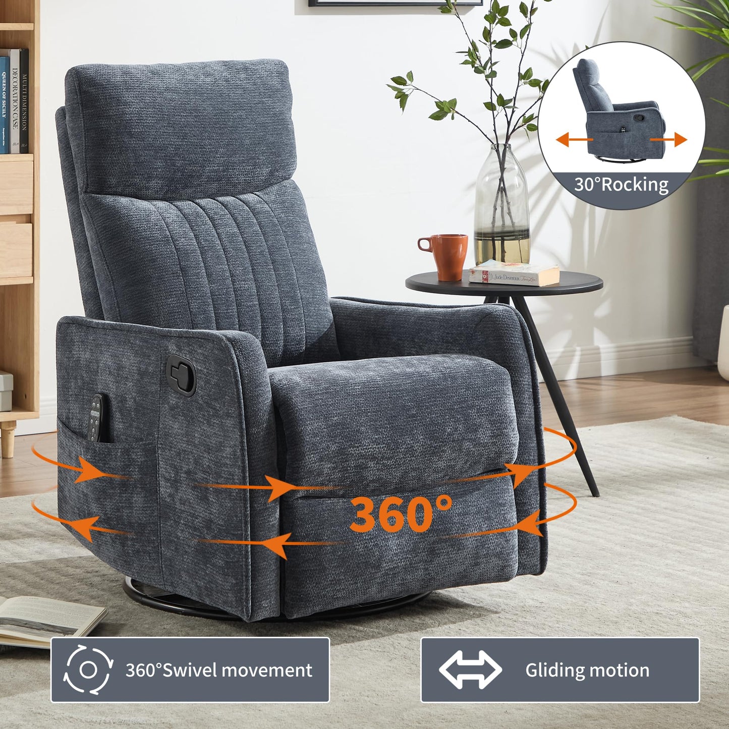 KEIKI 4-in-1 Manual Swivel Rocker Recliner Chair for Living Room, Chenille Nursery Glider Rocking Chairs with Back Massager & Heat, Ideal for Daily Nap in Living Room Quiet Corner, Blue