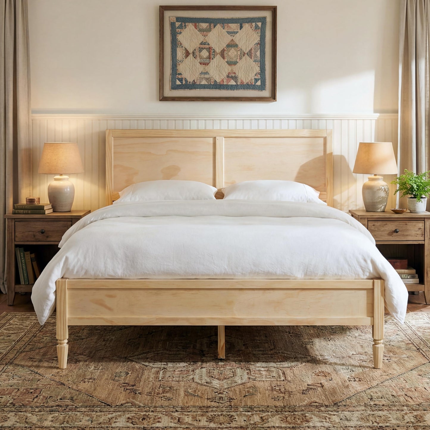 Merax Queen Size Wood Platform Bed, Rustic Farmhouse Bed Frame with Tall Panel Headboard, Wooden Slats Support, Under-Bed Storage Space, No Box Spring Needed, Easy Assembly, Natural
