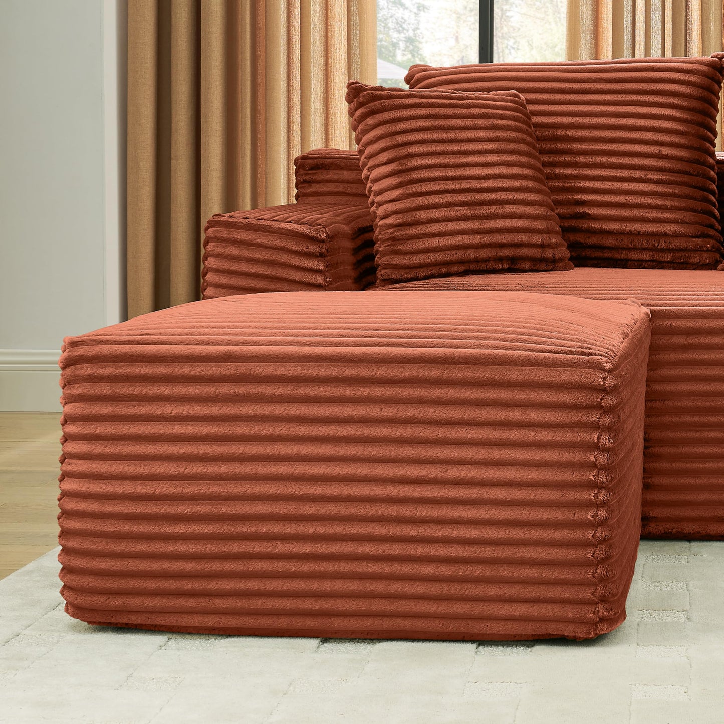115" U-Shaped Cloud Sectional Couch, Front Facing Modular Compressed Boneless Sectional Sofa with Chaise Lounges, Plush Corduroy Boneless Symmetrical Sofa for Living Room