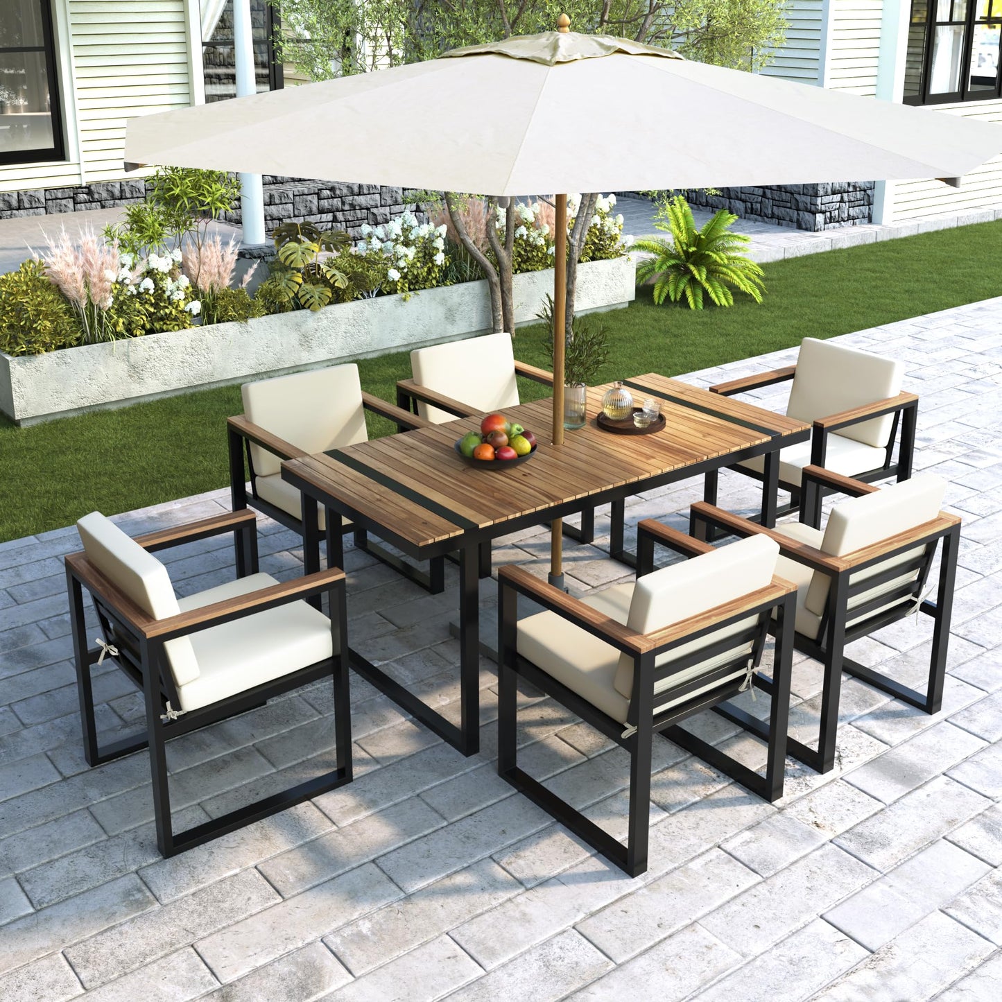 Outdoor Patio Sofa Set 4-Piece with Cushions, Woven Rope Design Seating, Acacia Wood & Steel Frame, Water-Resistant Fabric, 3-Seat Couch, Chairs & Dual-Layer Coffee Table for Garden Balcony, Beige
